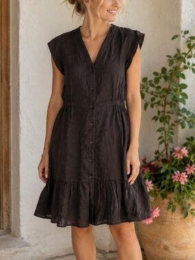 100% Linen Allegra Masetti Firenze Black Button Front Midi Dress M Made in Italy